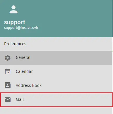 The Mail section of the SOGo settings