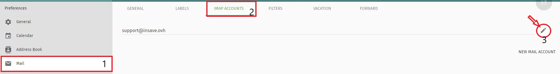 The IMAP Accounts tab with the edit button