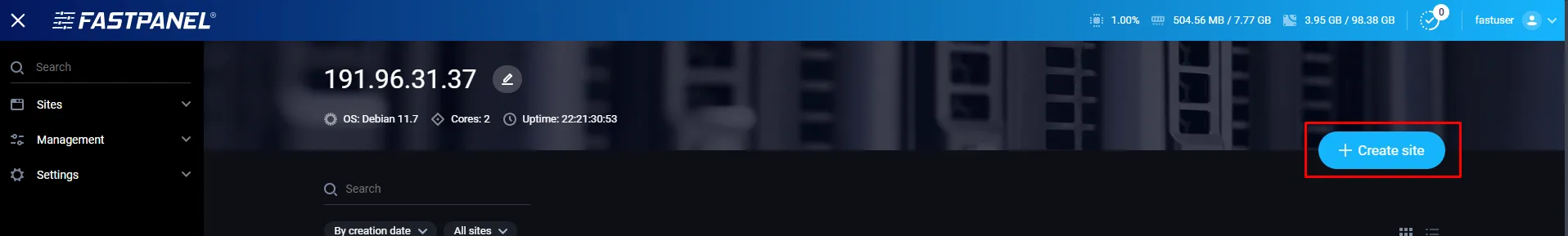 The Create site button in FastPanel