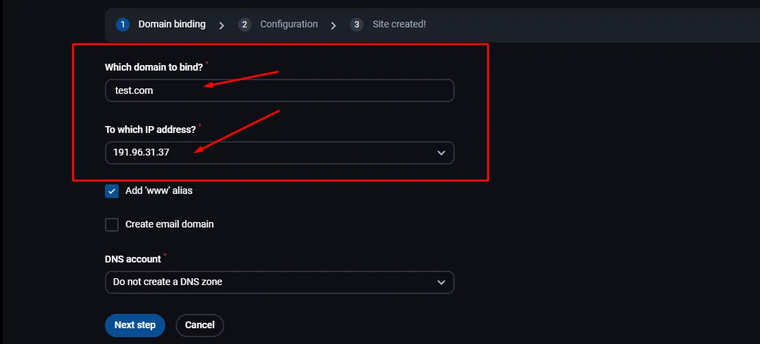 Binding the domain to an IP address