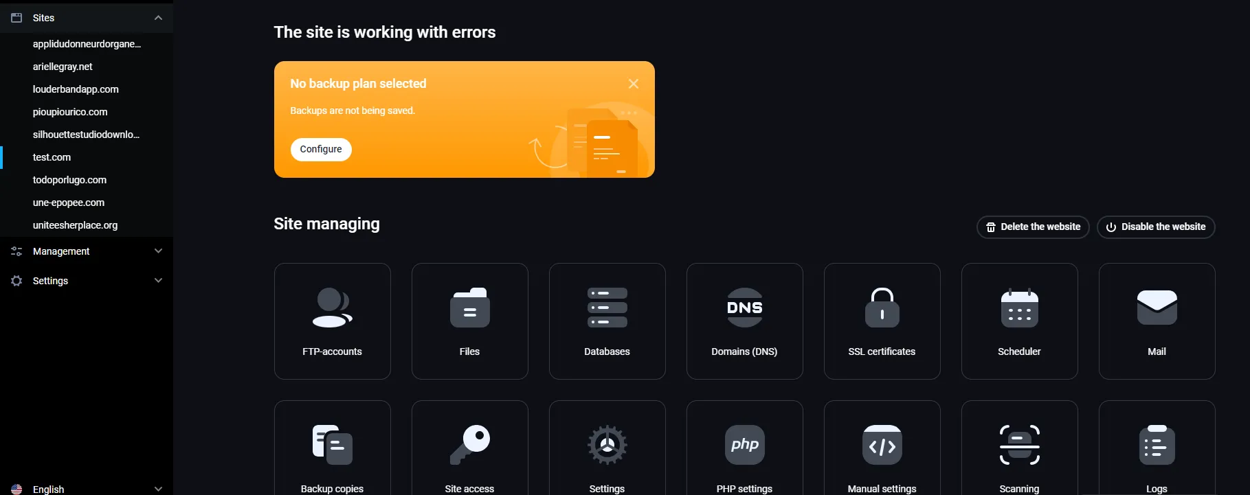 The site’s settings in the Sites tab