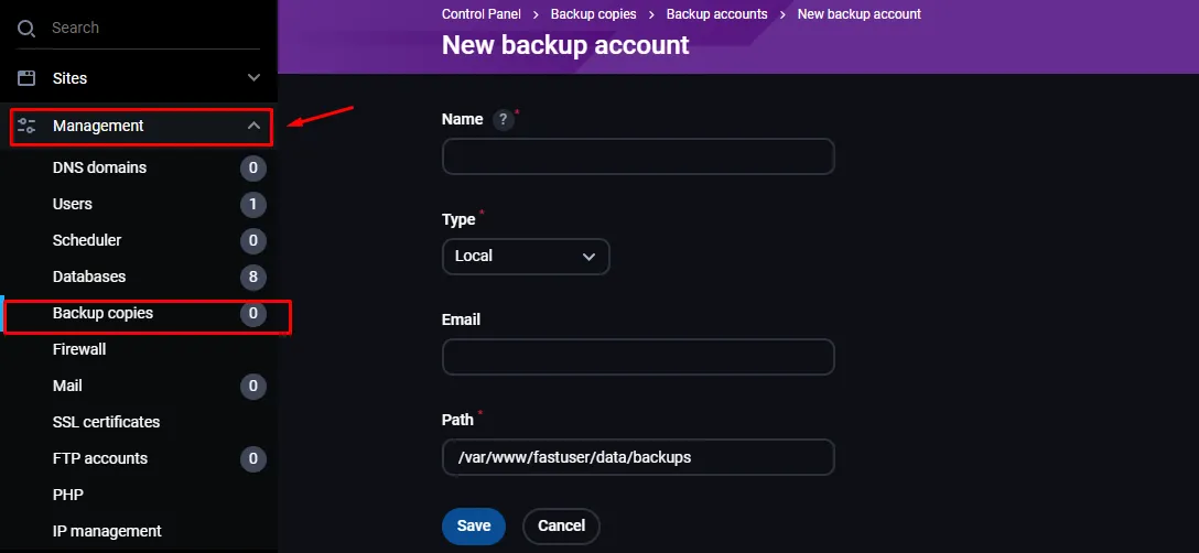 Backup copies in the Management section